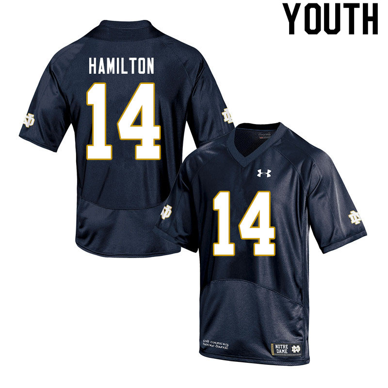 Youth NCAA Notre Dame Fighting Irish #14 Kyle Hamilton Stitched College Under Armour Authentic Navy Football Jersey WY10F36TP